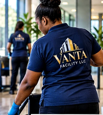 Vanta Facility promotional artwork depicting commercial cleaners inside a modern facility